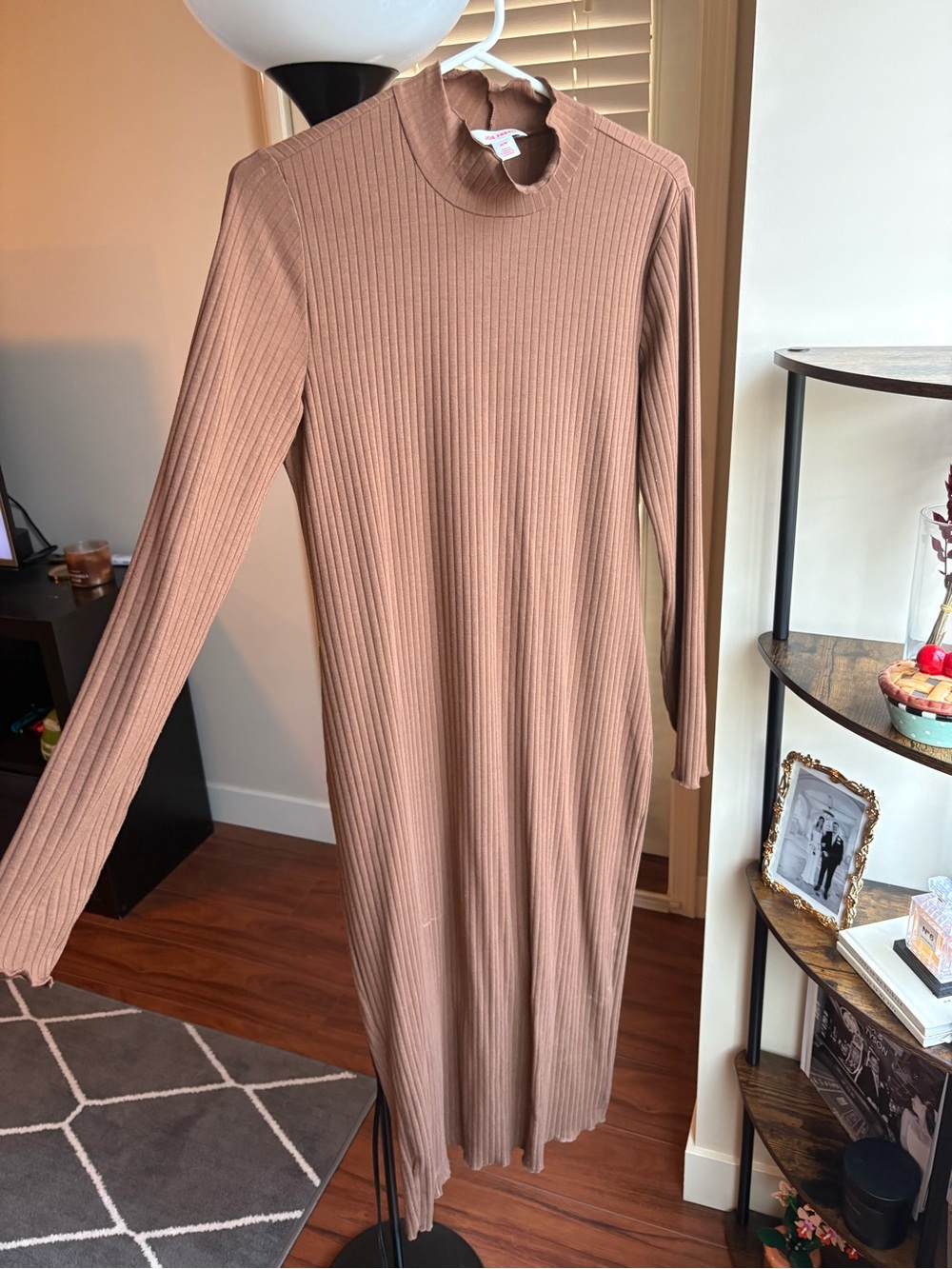 Joe Fresh Ribbed Mock Neck Long Sleeve Dress in Mauve Brown